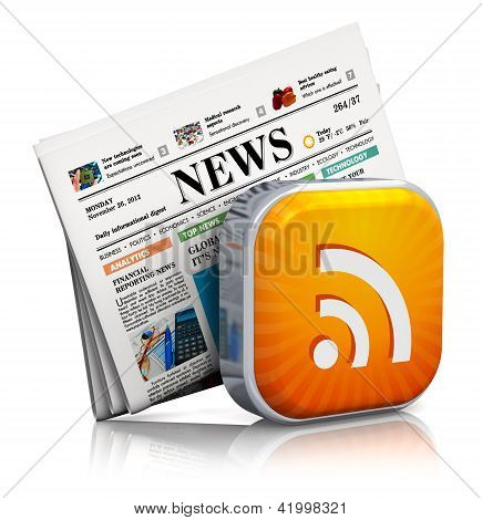 Picture or Photo of Internet news and web RSS concept: orange RSS symbol and stack of business newspapers isolated on white background with reflection effect