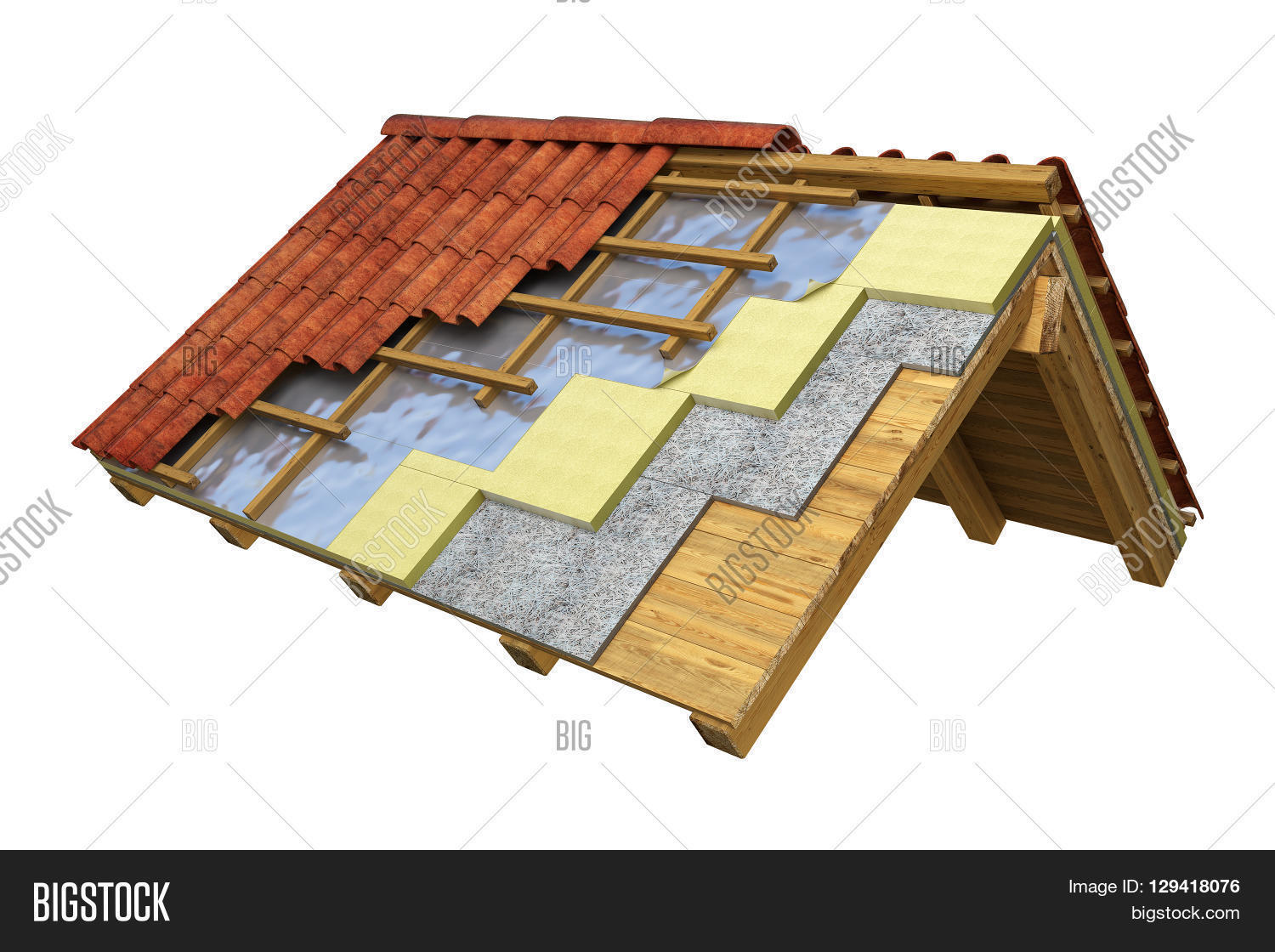 Roof section with the different insulation layers 3D rendering Stock