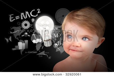 Picture or Photo of A young baby is looking at a light bulb with math, science and physics icons on a black background. Use it for a education or learning concept.