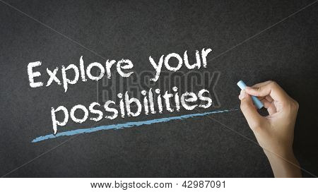 Picture or Photo of A person writing Explore Your Possibilities with chalk on a blackboard