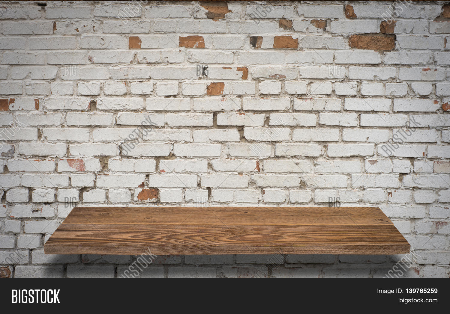 Antique Wooden Shelf on Brick Wall. Old Shelf. Shelf on the Wall. Shelf