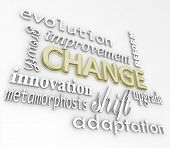 stock photo of change  - The word Change in gold 3D letters and other words that symbolize changing in order to achieve success such as evolution - JPG 