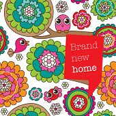 stock photo of animals  - Seamless doodle flowers and birds card design background pattern in vector - JPG 