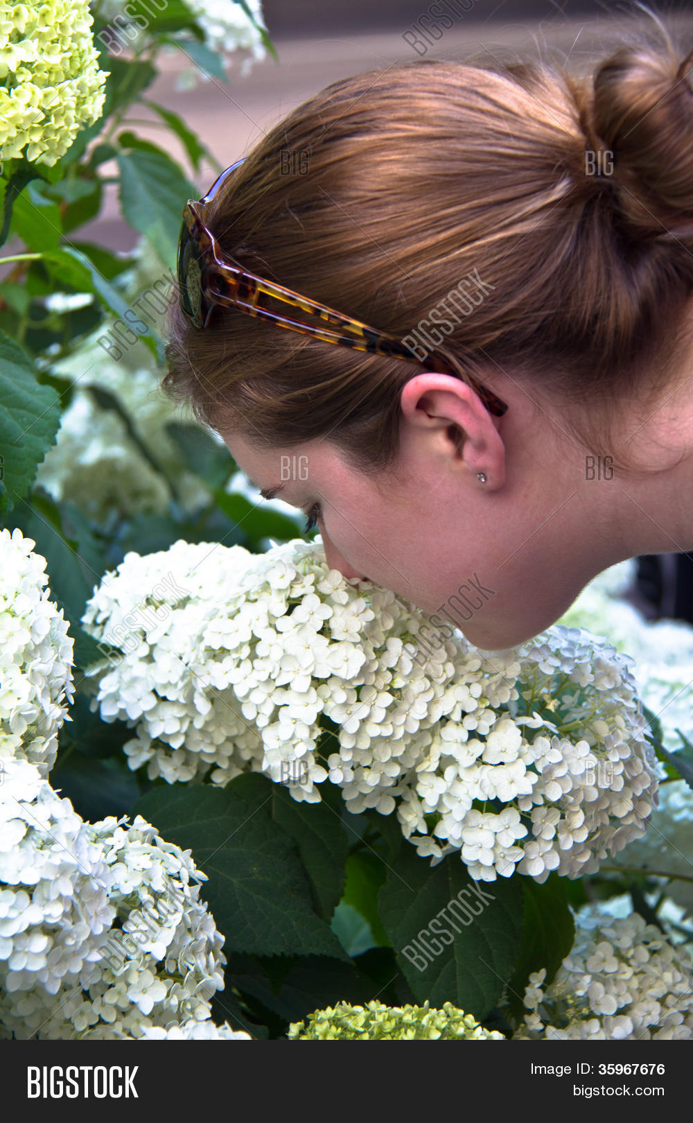 Closeup Of Head Of Young Woman Bending Over And Smelling White Flowers