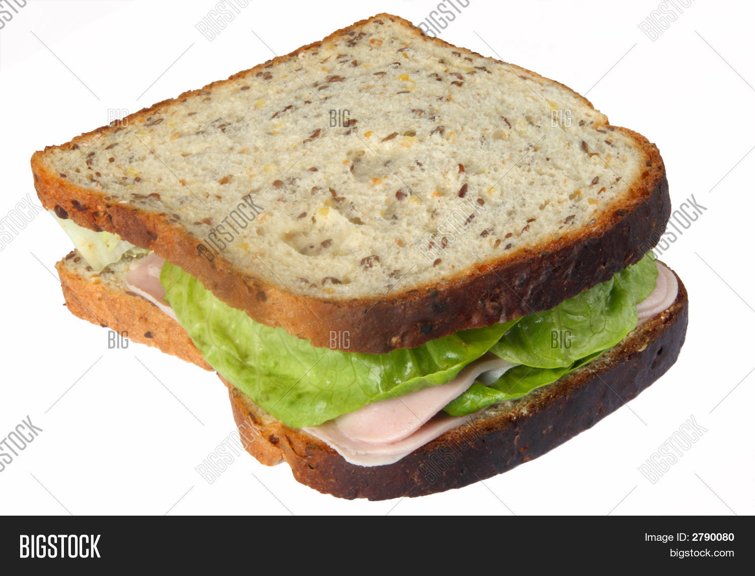 A Homemade Ham And Lettuce Sandwich With Soya And Linseed Bread. Stock