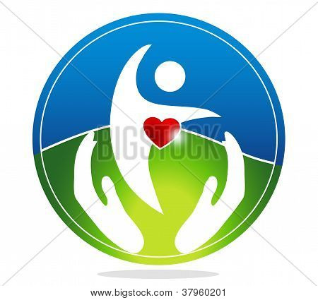 Picture or Photo of Healthy human and healthy heart symbol. The heart shape symbolizes healthy heart beating and healthy blood circulation system. Hands symbolizes the healing and protection of human health.