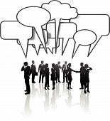 stock photo of people  - A group or team of business people talk and interact in many speech bubbles - JPG 