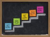 stock photo of goal  - set goal make plan work stick to it reach concept presented on blackboard with color notes and white chalk - JPG 