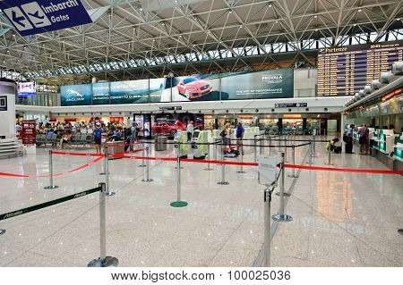 ROME, ITALY - AUGUST 04, 2015: Fiumicino Airport interior. Fiumicino - Leonardo da Vinci International Airport is a major international airport in Rome, Italy