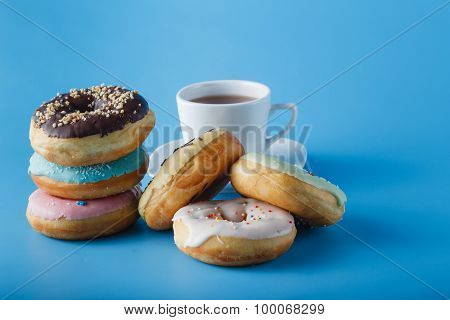 Six Donuts On Blue Shadeless Background
