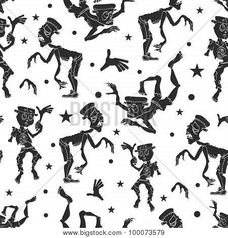 Vector Black and White Dancing Zombies Seamless Pattern. Waving Zombie. Frankenstein costume
