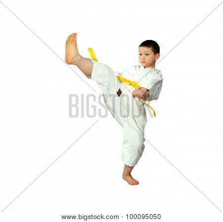 Little boy is doing blow mae-geri