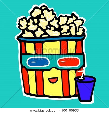 Popcorn drinks cola while watching a movie in a movie theater in anaglyph glasses