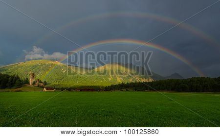 Real Full Double Rainbow In A Mountain Meadow