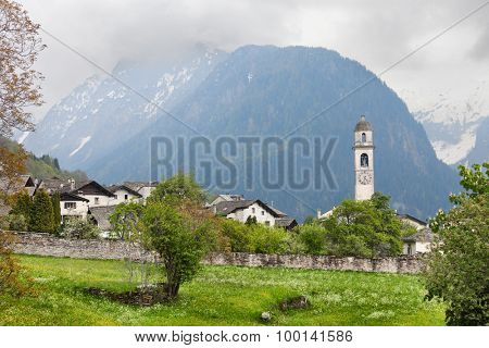 Old village  and church in alpine landscape.  Soglio, Switzerland