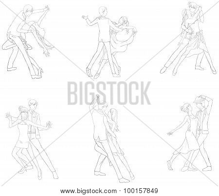 A Cartoon Illustration Line Drawing Icon Set Of Dancing Couple Sport For Both Man And Woman In Vario