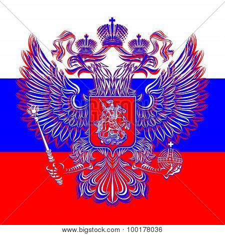 Russian double-headed eagle coat of arms on the background of the flag