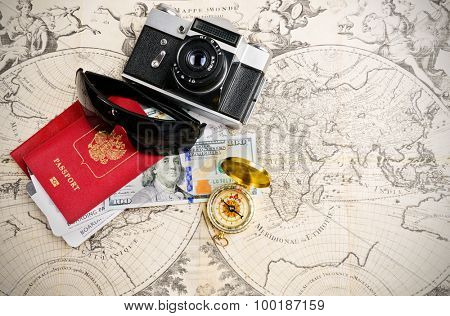 Main travel items for journey over mediaval world map
