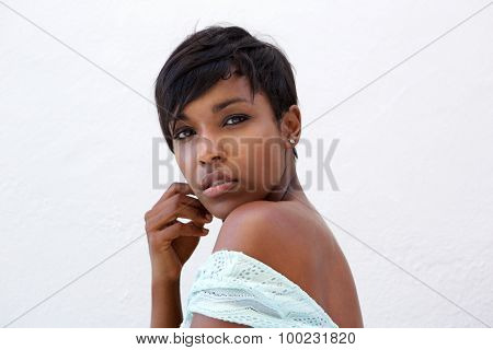Close Up Beautiful African American Fashion Model With Short Hair