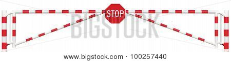Gated Road Barrier Closeup, Octagonal Traffic Stop Sign, Roadway Gate Bar In Bright White And Red