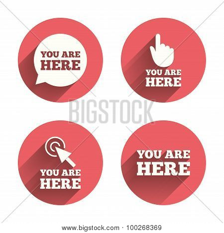You are here icons. Info speech bubble sign.