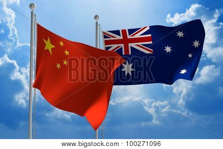 China and Australia flags flying together for diplomatic talks