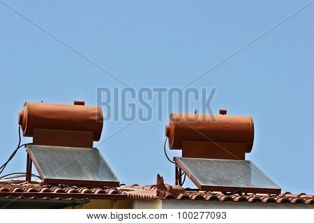 Solar Pannels On A Roof House In  Peloponese In Greece In The Summer