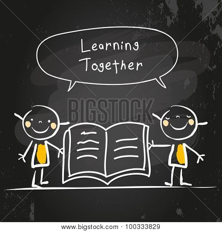 Kids learning together, reading a book. Kids with speech bubble, chalk on blackboard hand drawn doodle style vector illustration.