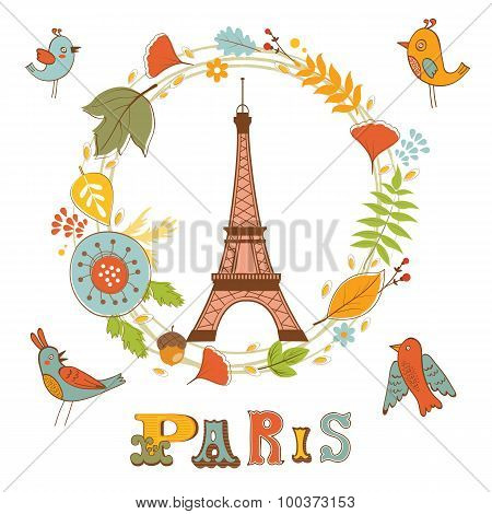 Autumn in Paris. Elegant card with floral wreath, birds  and Eiffel tower