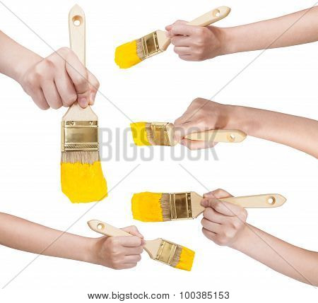 Set Of Hands With Flat Paint Brush With Yellow Tip