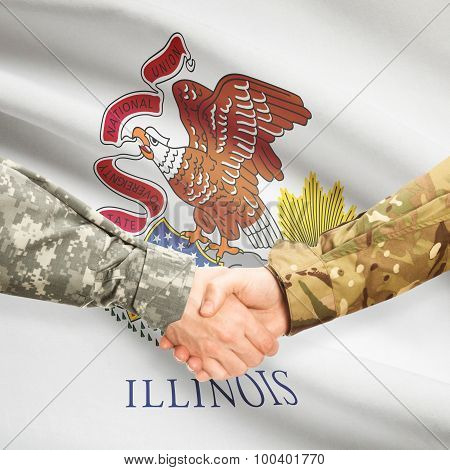 Military Handshake And Us State Flag - Illinois