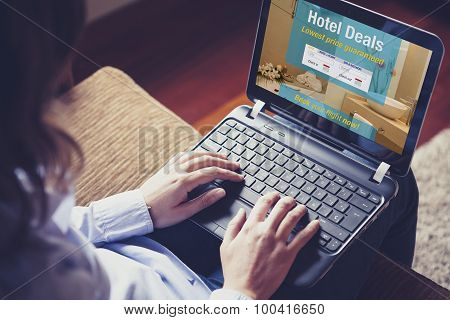 Hotel Deals. Woman Searching For Hotel For Vacation. Specifically Designed Template For Hotels.