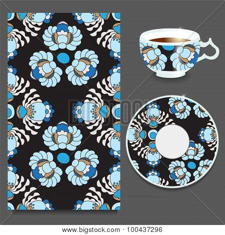 Vector Seamless Floral Russian Or Slavs Pattern With Cup And Plate. Stock