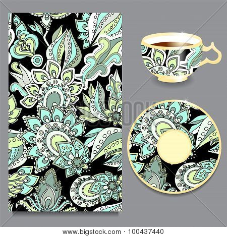 Vector Seamless Floral Russian Or Slavs Pattern With Cup And Plate. Stock