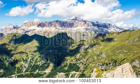 Panoramic View Of The Sella Group, A Massif In The Dolomites Mountains
