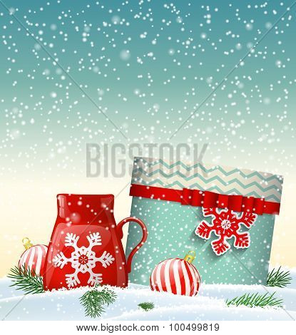 Cristmas greeting card with giftbox and red teacup, winter theme, illustration