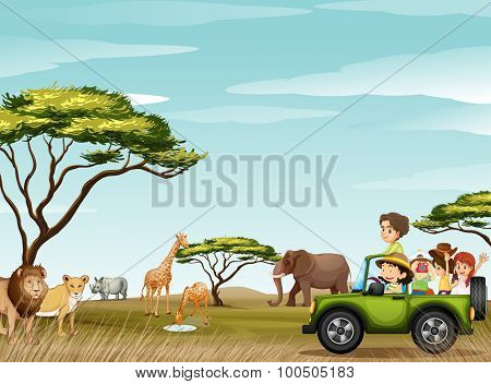 Roadtrip in the field full of animals illustration