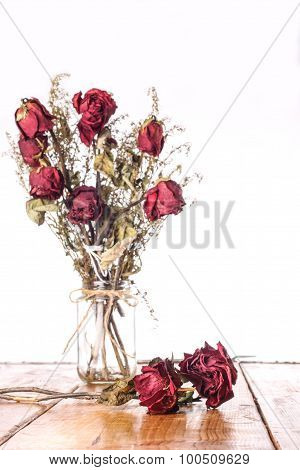Dried Rose With Glass Vase