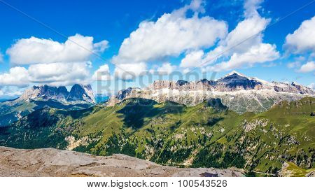 Panoramic View Of The Groups Of Sella And Langkofel, Massifs In The Dolomites  In Italy
