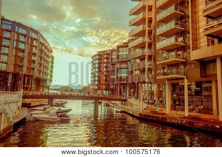 OSLO, NORWAY - 8 JULY, 2015: Waterfront buildings at Tjuvholmen including the Astrup Fearnley museum