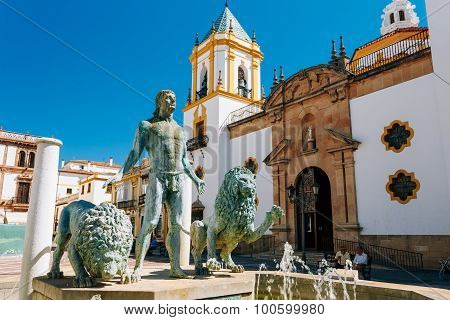 Plaza Del Socorro Church In Ronda, Spain. Old Town Cityscape