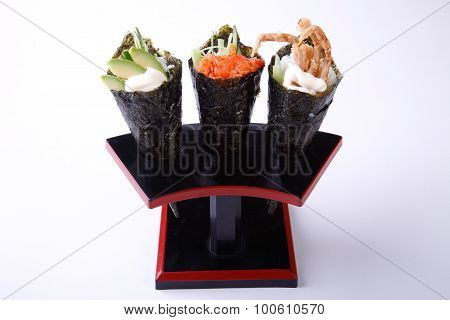 Temaki Sushi, Avocado Spicy Salmon And Soft Shell Crab Isolated On Whote Background