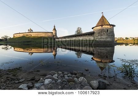 Pskov Kremlin From The Side Of The Pskova River At Sunrise.