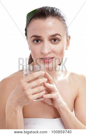 Smiling Happy Woman Holding The Glass Of Water, Isolated On White Background.