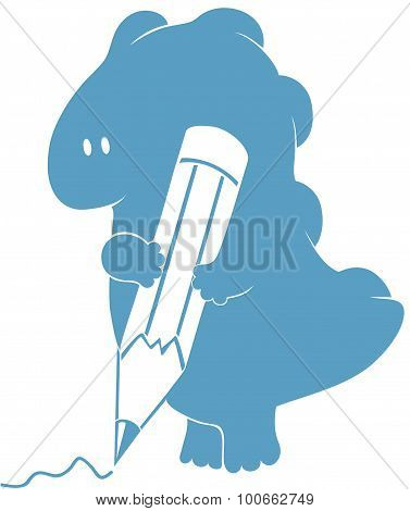 Lovely Friendly Dragon With Pencil. Isolated Silhouette Of Of Dinosaur. Stylized Simplified Vector I