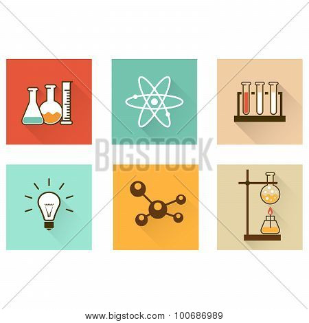 Scientific laboratory flat icons with chemistry test-tubes and flasks