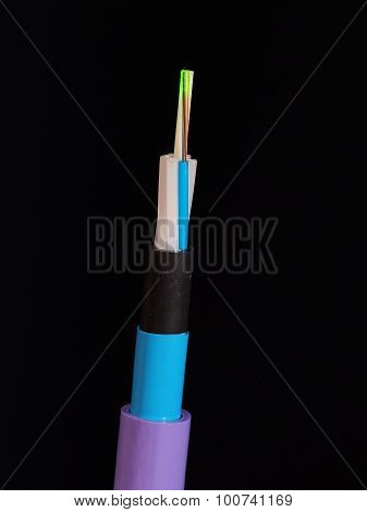 Violet jacketed fiber optic cable with stripped and exposed fibers lit by green laser light