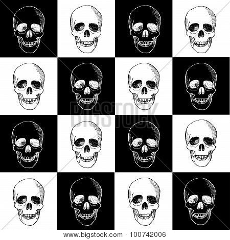 Seamless hand drawn pattern with skulls