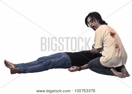 Scary Asian Male Zombie Eating Corpse
