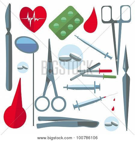 Set isolated medical items, tools, scissors, enema, tablets